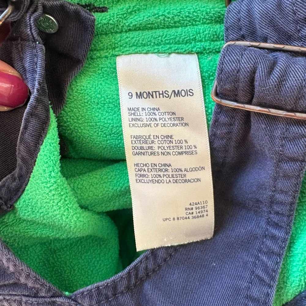 OshKosh B'gosh Navy Blue Kids Overalls Green Fleece Lined Size 9 Month